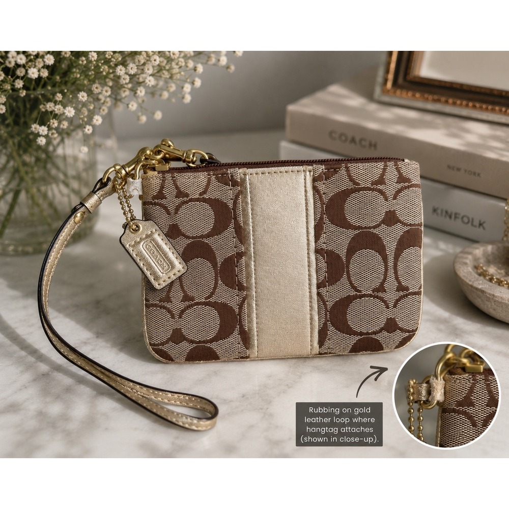 Coach Signature C Jacquard Wristlet Brown Gold Y2K Zip Clutch Purse Bag